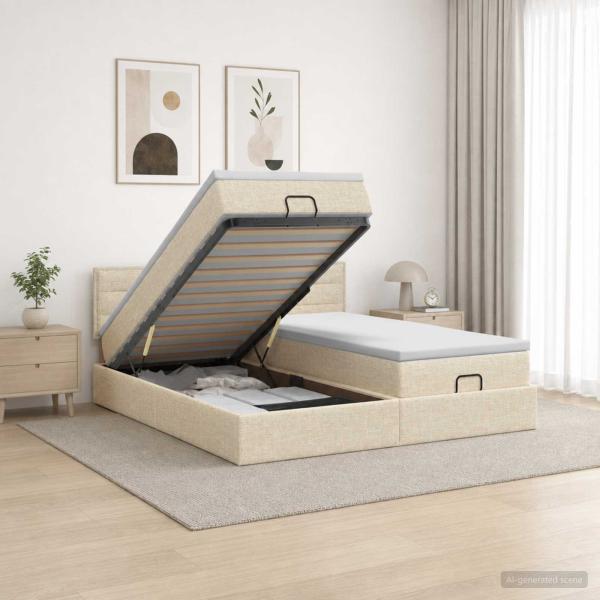 Ottoman-Bett mit Matratze und LED Creme 180 x 200 cm Stoff