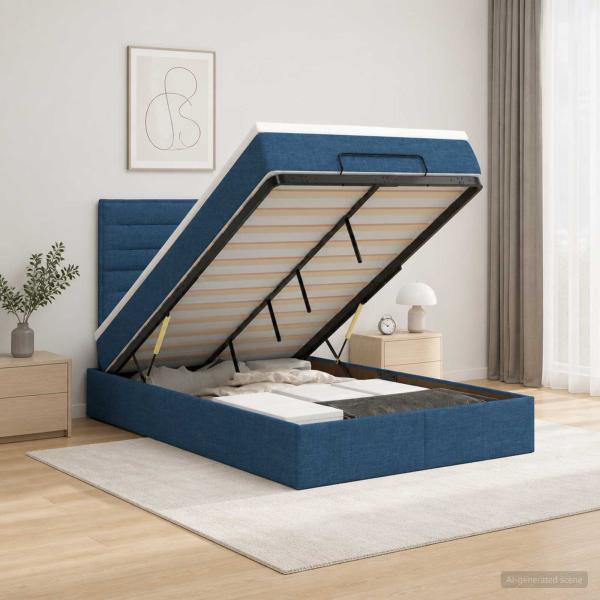 ARDEBO.de - Ottoman Bett mit Matratze mit Kopfteil Blau 120 x 200 cm Stoff