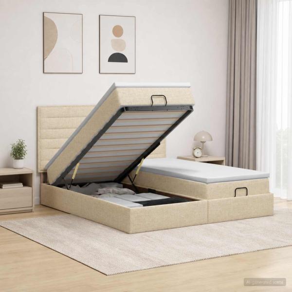ARDEBO.de - Ottoman Bett mit Matratze mit Kopfteil 2 stk. Creme Stoff