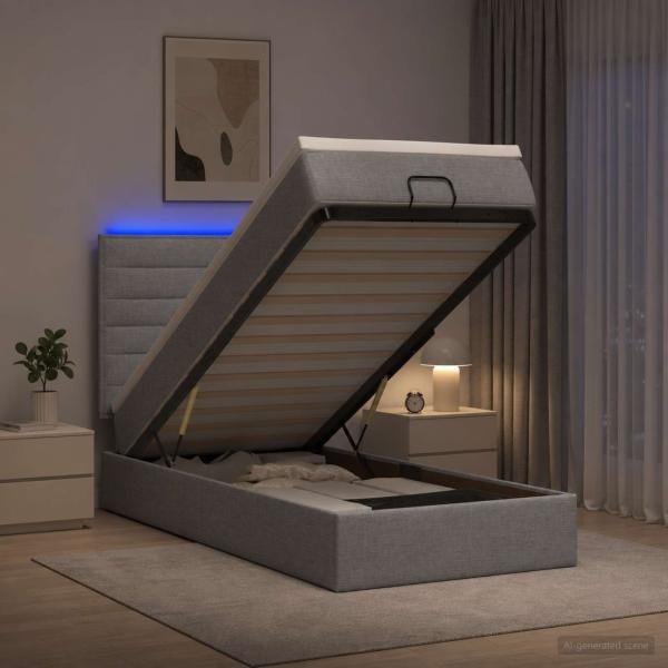 Ottoman-Bett mit Matratze und LED Hellgrau 90 x 190 cm Stoff
