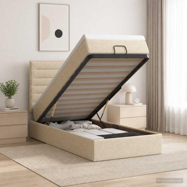 ARDEBO.de - Ottoman-Bett mit Matratze und LED Creme 90 x 200 cm Stoff