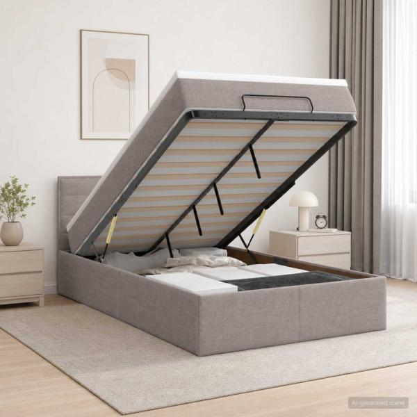 ARDEBO.de - Ottoman-Bett mit Matratze und LED Taupe 120 x 190 cm Stoff