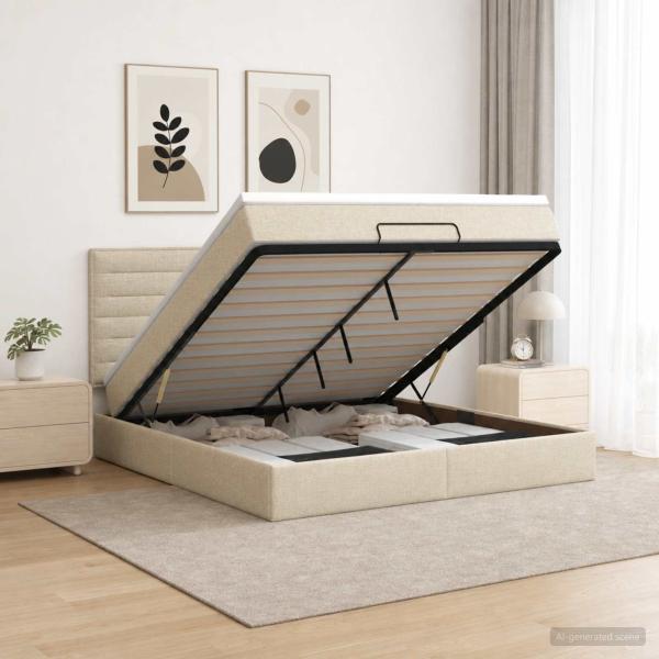 ARDEBO.de - Ottoman-Bett mit Matratze und LED Creme 140 x 190 cm Stoff