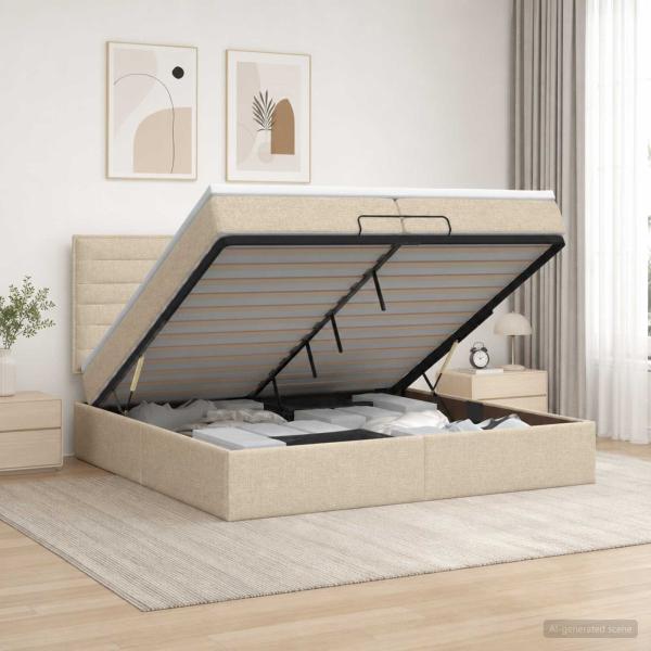 Ottoman-Bett mit Matratze und LED Creme 200 x 200 cm Stoff