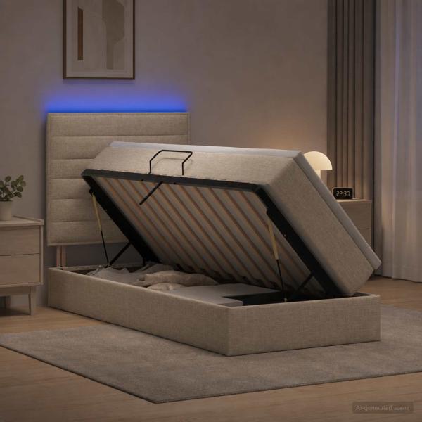 ARDEBO.de - LED-Speicherbett mit Matratze Creme 90 x 200 cm Stoff