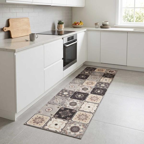 ARDEBO.de - Küchen Teppich Grau-beige Mosaik 180 x 60 cm 100% Polyamid