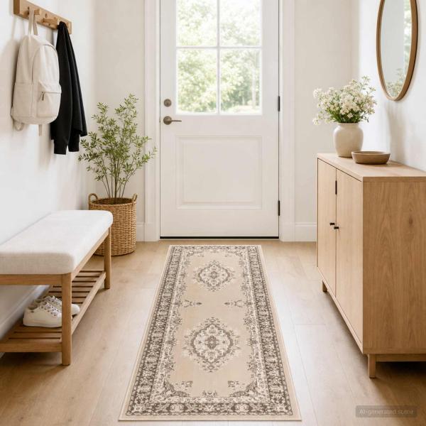 ARDEBO.de - Teppichläufer FLORNES Gewebt Ecru-Muster 100 x 250 cm PP 7 mm
