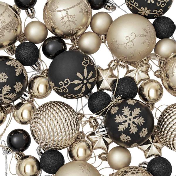 Weihnachtskugelset 88 stk. Schwarz und Gold Durchmesser 6 cm