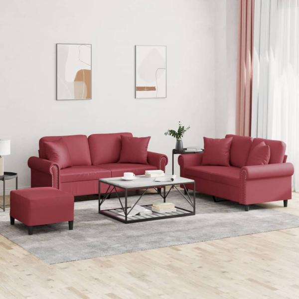 ARDEBO.de - 3-tlg. Sofagarnitur mit Kissen Weinrot Kunstleder