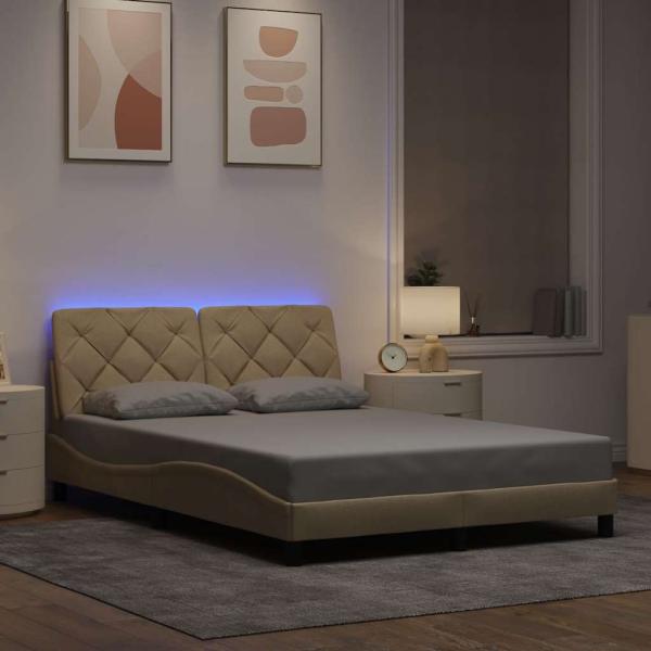 ARDEBO.de - Bettgestell mit LED ohne Matratze Creme 140x190 cm Stoff