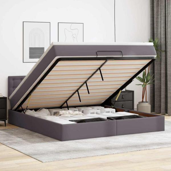 ARDEBO.de - Ottoman-Bett mit Matratzen & LEDs Grau 160x200 cm Kunstleder