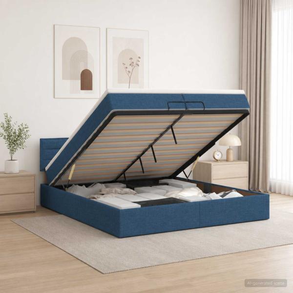 ARDEBO.de - Ottoman Bett mit Matratze mit Kopfteil Blau 200 x 200 cm Stoff