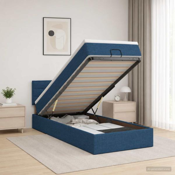 ARDEBO.de - Ottoman-Bett mit Matratze und LED Blau 90 x 200 cm Stoff