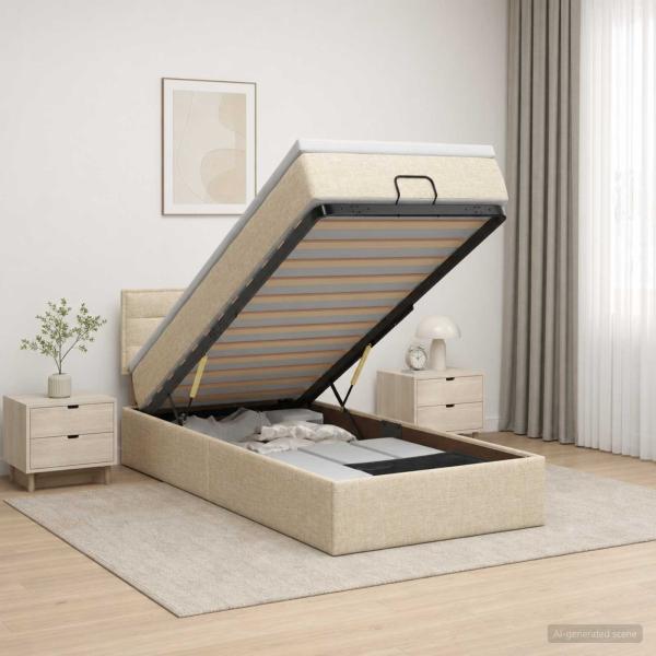 Ottoman-Bett mit Matratze und LED Creme 100 x 200 cm Stoff