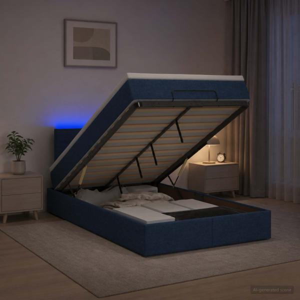 ARDEBO.de - Ottoman-Bett mit Matratze und LED Blau 120 x 200 cm Stoff