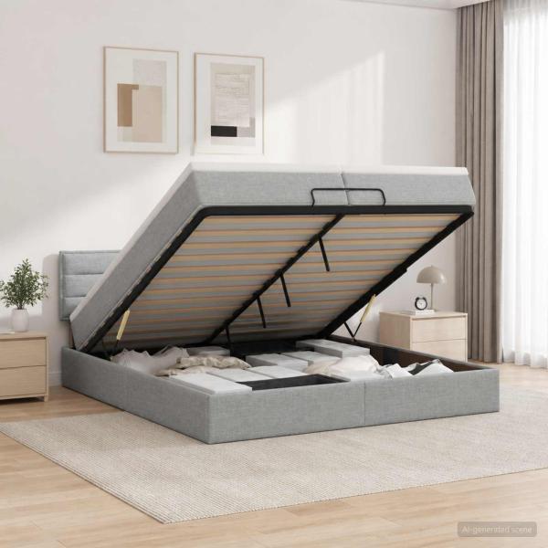 ARDEBO.de - Ottoman-Bett mit Matratze und LED Hellgrau 200 x 200 cm Stoff