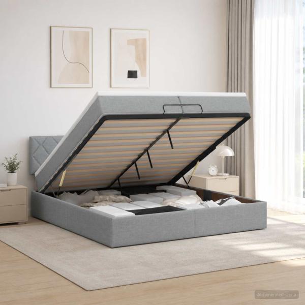 ARDEBO.de - Ottoman-Bett mit Matratze und LED Hellgrau 200 x 200 cm Stoff
