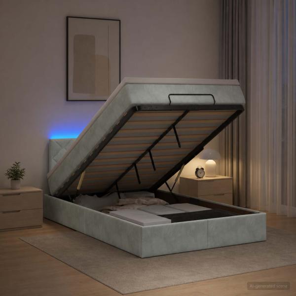 ARDEBO.de - Ottoman-Bett mit Matratze und LED Hellgrau 120 x 190 cm Samt