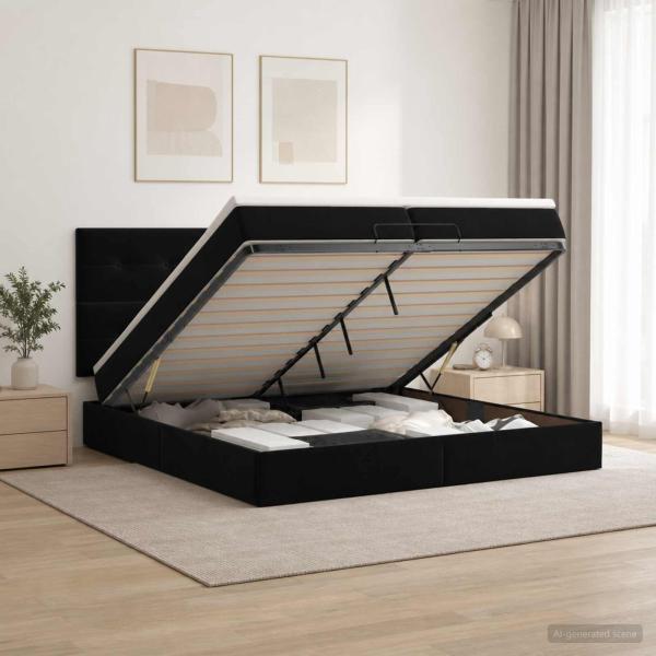 ARDEBO.de - Ottoman Bett mit Matratze Schwarz 200 x 200 cm Samt