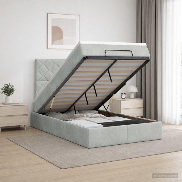 ARDEBO.de - Ottoman Bett mit Matratze Hellgrau 120 x 190 cm Samt