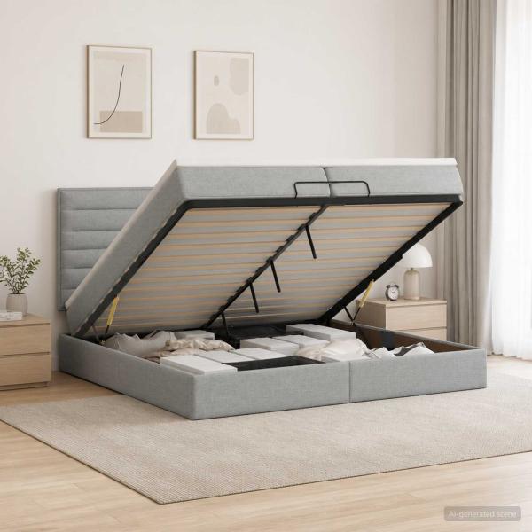 ARDEBO.de - Ottoman-Bett mit Matratze und LED Hellgrau 200 x 200 cm Stoff