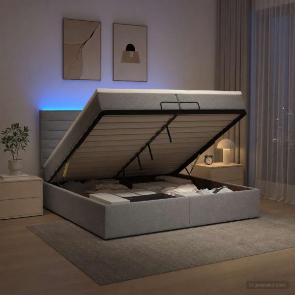 Ottoman-Bett mit Matratze und LED Hellgrau 200 x 200 cm Stoff