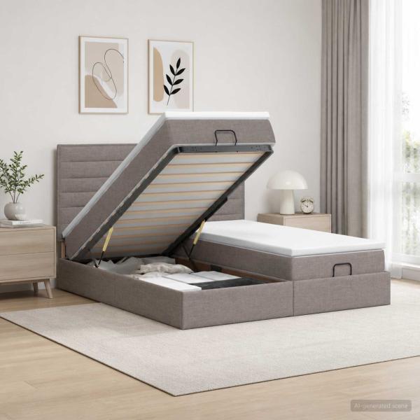 ARDEBO.de - Ottoman-Bett mit Matratze und LED Taupe 160 x 200 cm Stoff