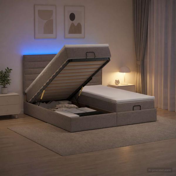 Ottoman-Bett mit Matratze und LED Taupe 160 x 200 cm Stoff
