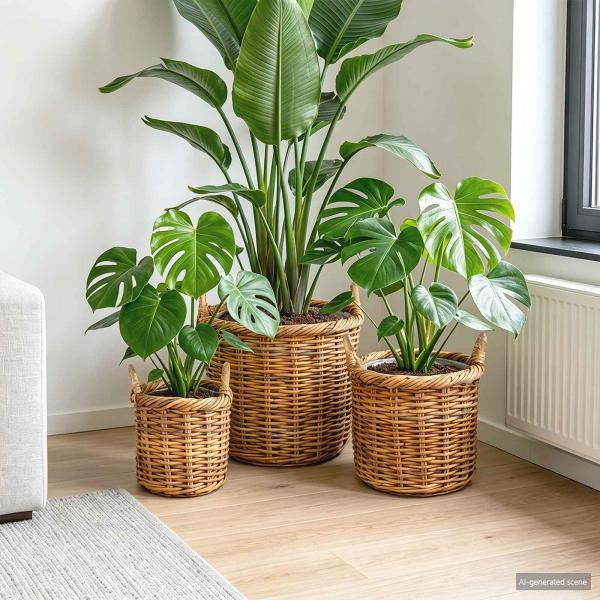 ARDEBO.de - Blumentopfkorb mit Speicher GENDT 3 stk. Naturbraun Kubu Rattan