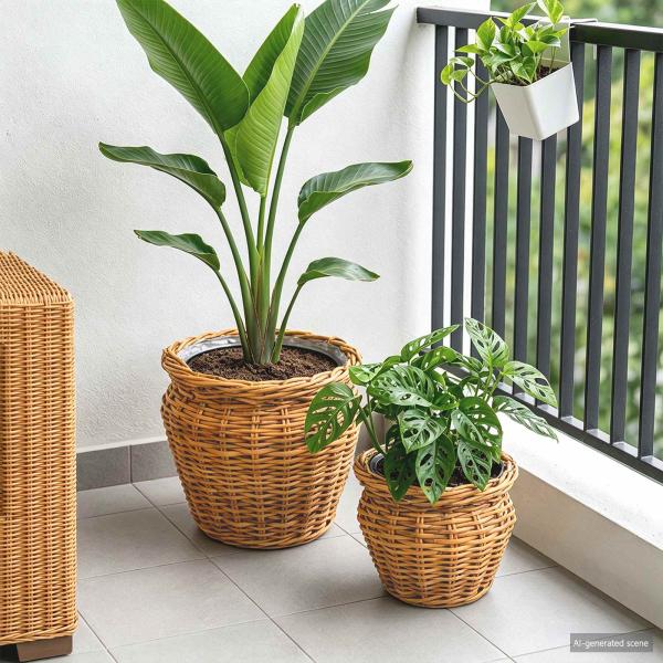 Blumentopfkorb mit Speicher GENDT 2 stk. Naturbraun Kubu Rattan