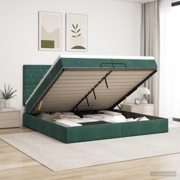 ARDEBO.de - Ottoman-Bett mit Matratze und LED Dunkelgrün 200 x 200 cm Samt