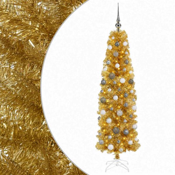 Künstlicher schlanker Weihnachtsbaum mit Kugeln 180 cm 300 LEDs