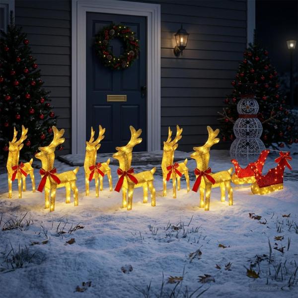 Weihnachtsrentier mit Schlitten 7 stk. 320 LEDs Warmes Weiß