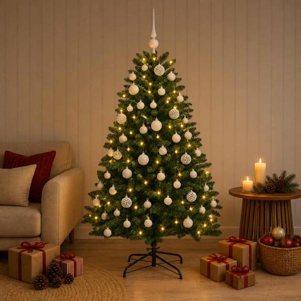 Künstlicher Weihnachtsbaum Mittelgrün mit Kugeln 150 cm
