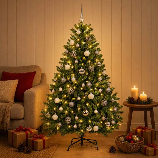 Künstlicher Weihnachtsbaum Hellgrün mit Kugeln 180 cm 300 LEDs