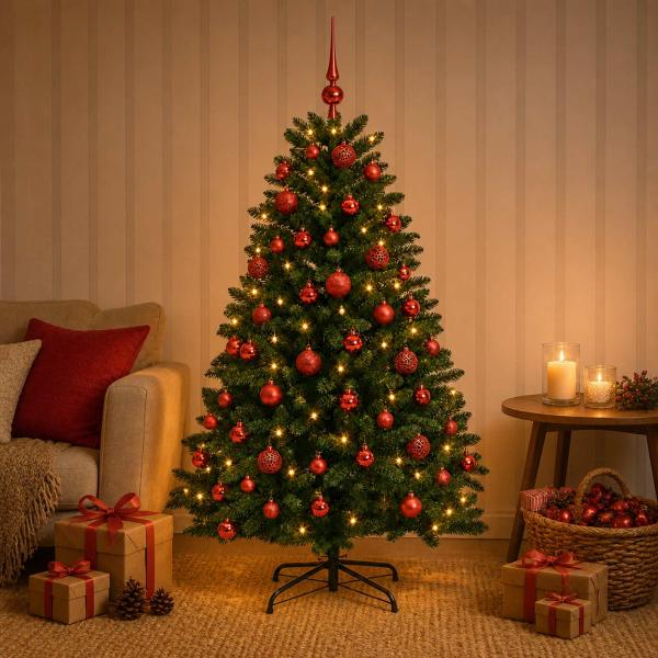 Künstlicher Weihnachtsbaum Mittelgrün mit Kugeln 120 cm