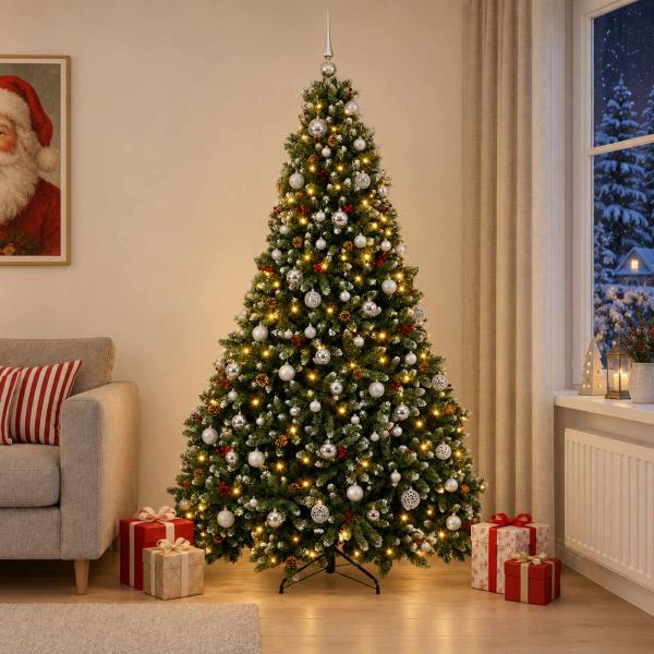 Künstlicher Weihnachtsbaum Grün mit Weihnachtskugeln 210 cm