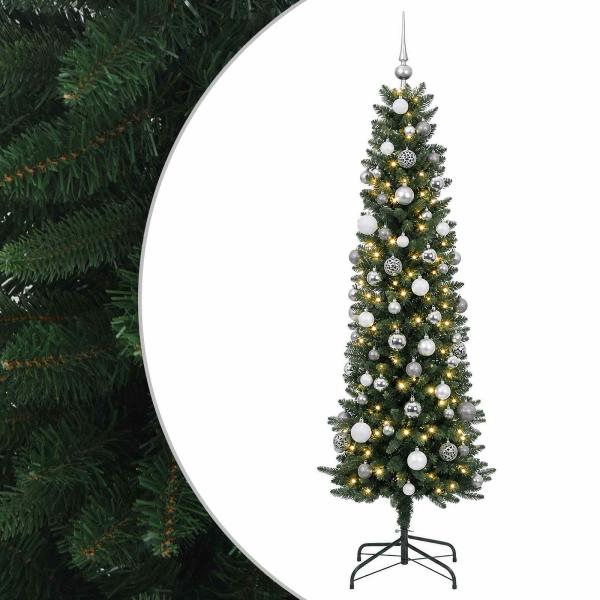 Künstlicher schmaler Weihnachtsbaum mit Kugeln 210 cm 300 LEDs