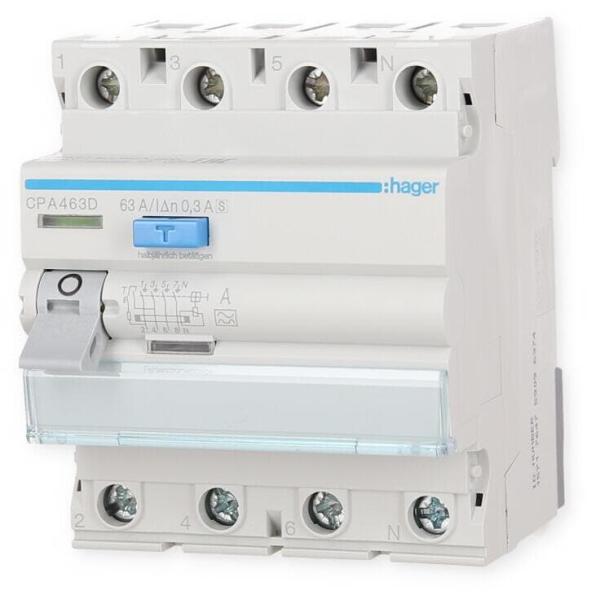 Hager CPA463D Fehlerstromschutzschalter 4 polig 6kA 63A 300mA Typ S selektiv