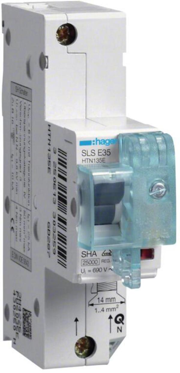 Hager HTN135E SLS Schalter 1-Polig, E-Charakteristik, 35A, für Hutschienenmontage