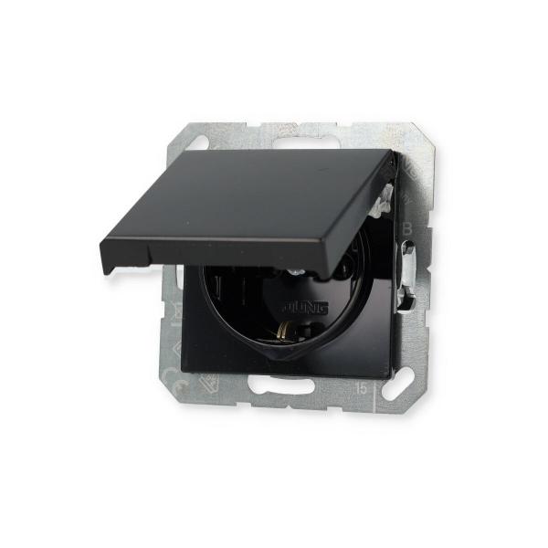 Jung A 1520 KL SW Schuko Steckdose 16A 250V, Duroplast glänzend, mit Klappdeckel, schwarz