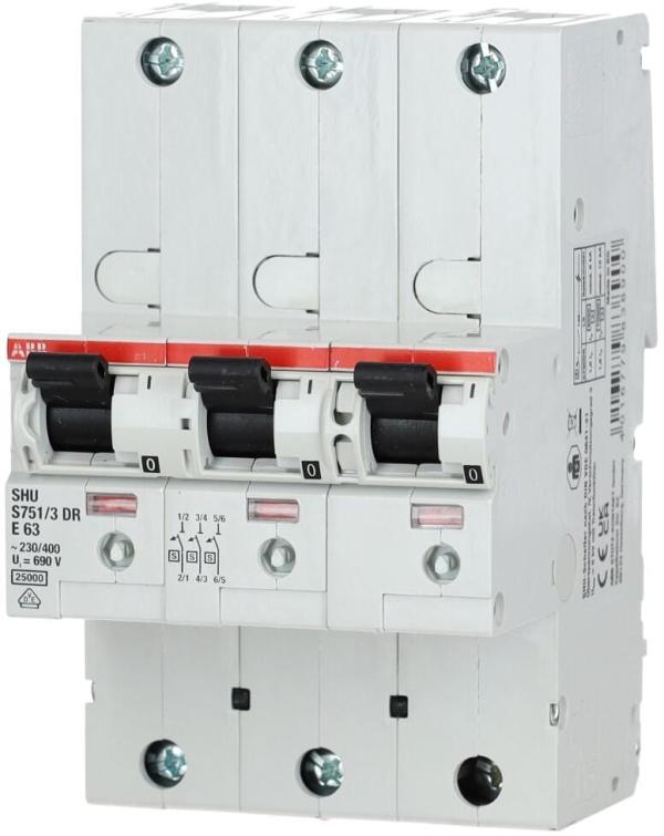 ABB S751/3DR-E 63 selektiver Hauptleitungs-Schutzschalter, E-Charakteristik, 63A (2CDH781001R2632)