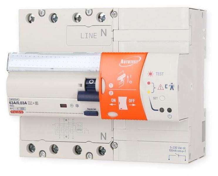 Gewiss GW90943 Fehlerstrom-Schutz- schalter Autotest 63/0.03A, Typ-A, IR, 4-Polig