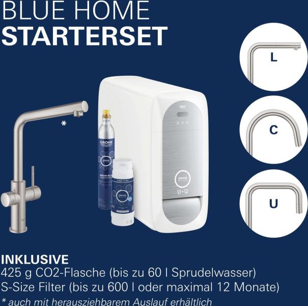 GROHE Blue Home Starter Kit, C-Auslauf, bis 150° schwenkbar, supersteel (31455DC1)
