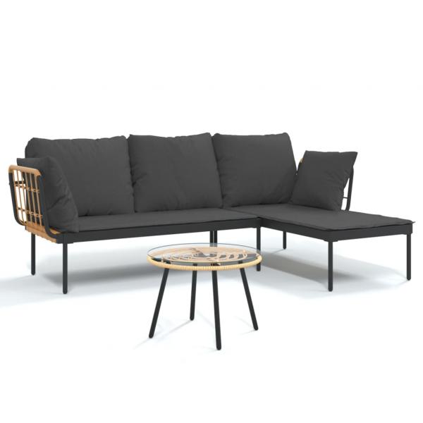 3-tlg. Garten-Lounge-Set mit Kissen Dunkelgrau Poly Rattan