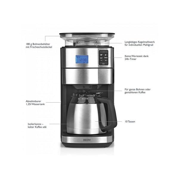 BEEM Fresh-Aroma-Perfect II - Thermo Filterkaffeemaschine mit Mahlwerk, 1000W, 1,25l, Edelstahl (03958)