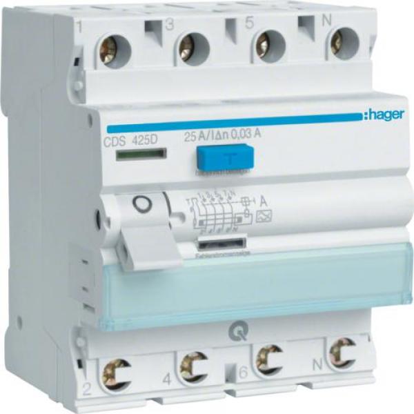 ARDEBO.de Hager CDS425D Fehlerstromschutzschalter, FI-Schalter 4 polig 6kA 25A 30mA Typ A QuickConnect