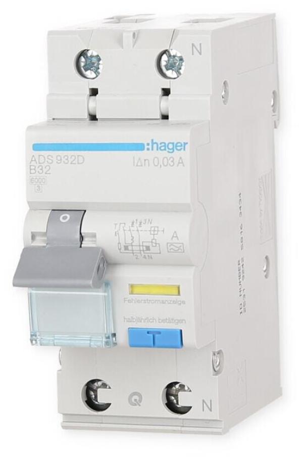 Hager ADS932D Fehlerstrom-Leitungsschutzschalter 1P+N 6kA B-32A 30mA Typ A QuickConnect