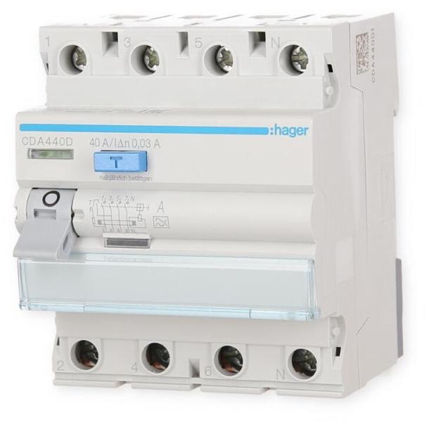 Hager CDA440D Fehlerstromschutzschalter, FI-Schutzschalter 4-polig 6kA 40A 30mA Typ A