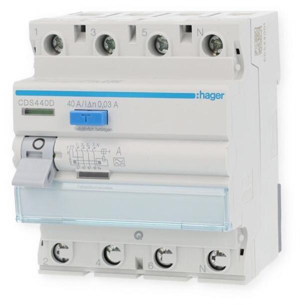 Hager CDS440D Fehlerstromschutzschalter, FI-Schalter 4-polig 6kA 40A 30mA Typ A QuickConnect